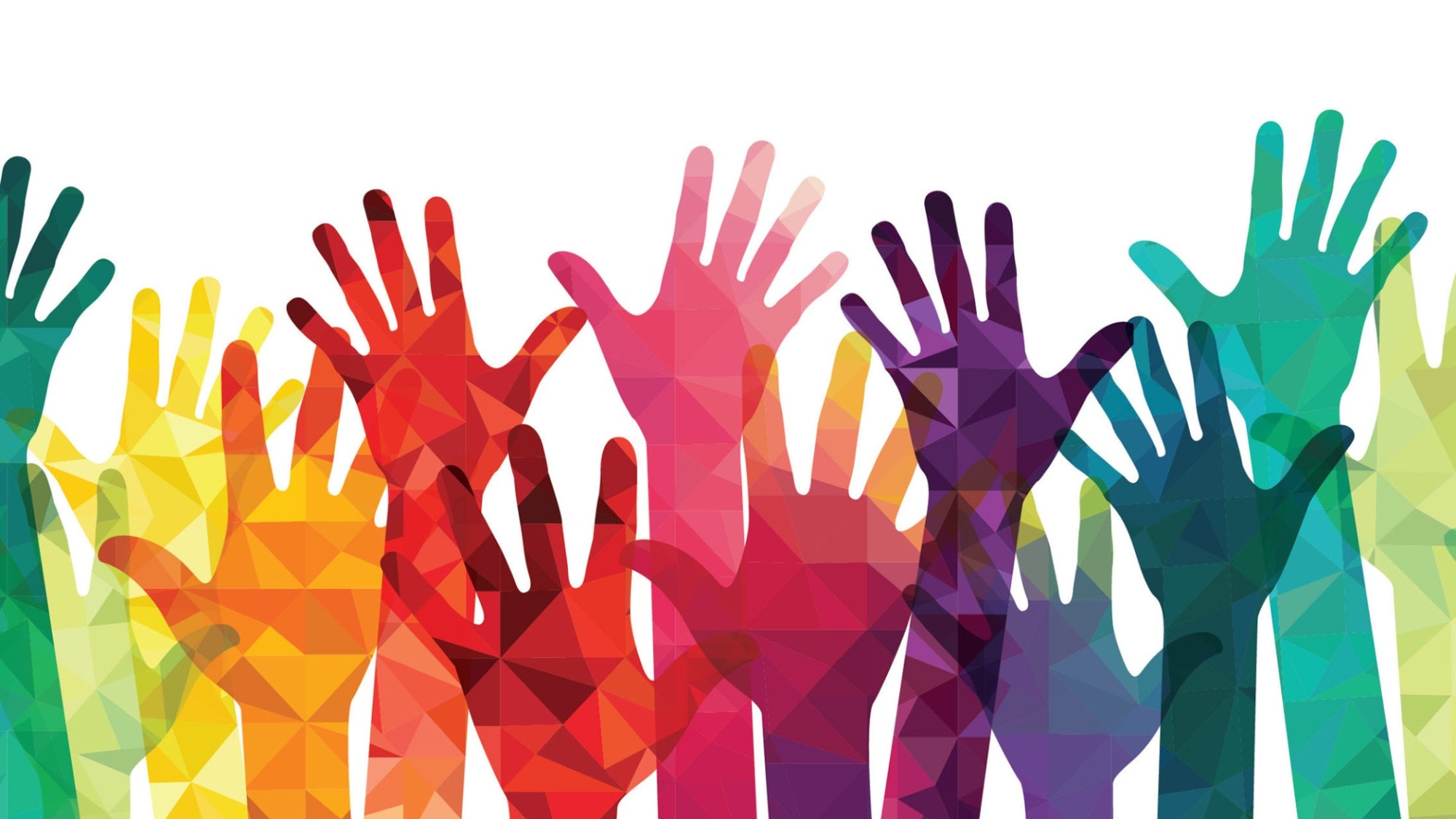 Multi Coloured hands raised into the air